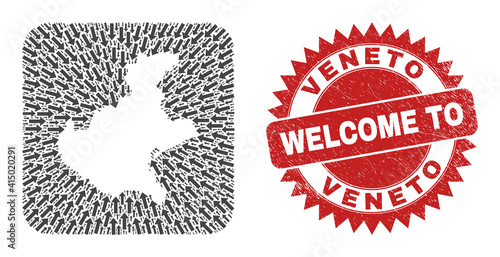 Vector collage Veneto region map of delivery arrows and rubber Welcome badge. Mosaic geographic Veneto region map designed as carved shape from rounded square shape with navigation arrows.