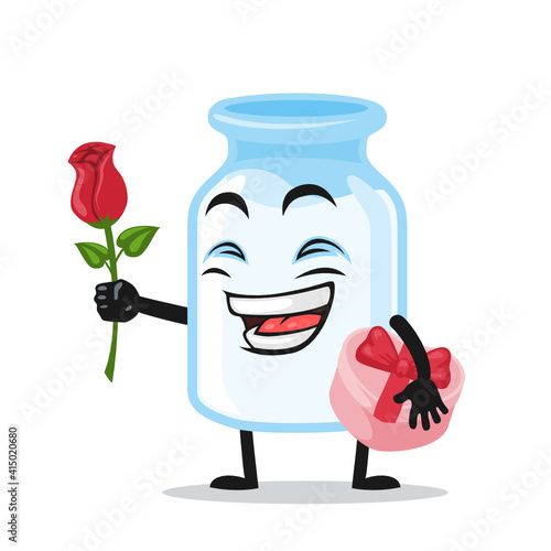 vector illustration of milk mascot give flower and holding pink gift