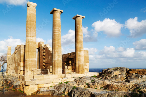 Temple of Athena Lindia, an Ancient Greek place of worship dedicated to Athena, on the acropolis at Lindos on Rhodes, Dodecanese, Greek Islands, Greece