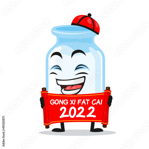vector illustration of milk mascot holding red scroll and says happy chinese new year 2021