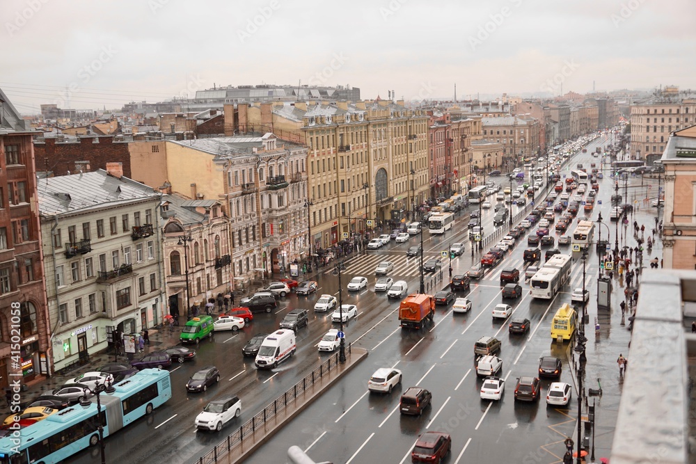Saint-Petersburg, Russia - November, 2020 Panoramic view from the roof on Ligovsky Prospekt with traffic and Moskovsky train station. One of the main landscapes of Saint-Petersburg. The historical
