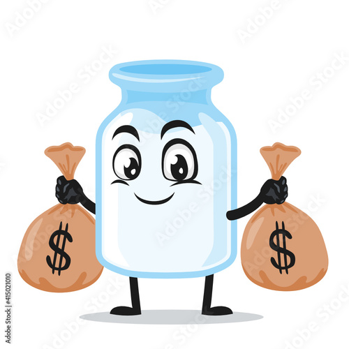 vector illustration of milk mascot holding sacks of money