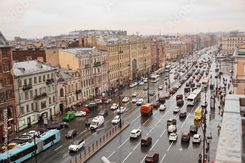 Saint-Petersburg, Russia - November, 2020 Panoramic view from the roof on Ligovsky Prospekt with traffic and Moskovsky train station. One of the main landscapes of Saint-Petersburg. The historical