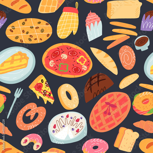A cartoon seamless pattern with various traditional American, Italian and other bakery items, pastry and desserts.
