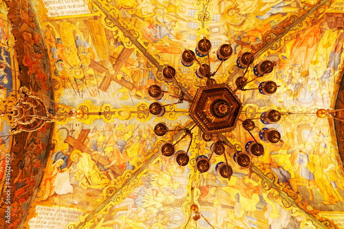 Christian artwork on the Altar of the Crucifixion's vaulted ceiling in the Church of the Holy Sepulchre in Jerusalem, Israel