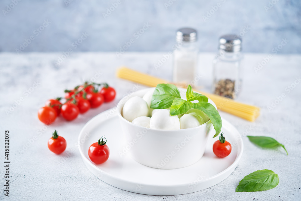 Fresh mozzarella cheese with tomatoes and Basil leaves Fresh mozzarella cheese with tomatoes and Basil leaves
