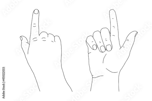 Black outline human young adult hand raising and lifting index finger up. One, weak, relaxed gesture sketch concept vector illustration. Isolated design of pointing forefinger on white background.