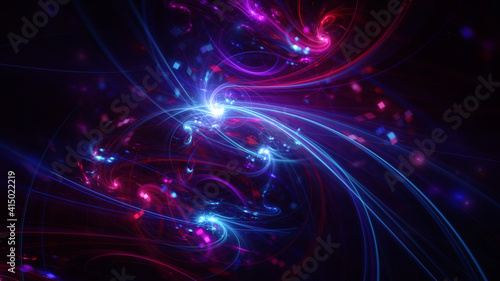 Abstract background, smooth blue and red lines on a black background. © Andrey Shtepa