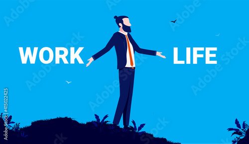 Choose between work and life - Businessman standing on hill trying to make a choice. Work life balance concept. Vector illustration.