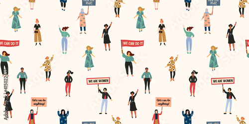 International Womens Day. Vector seamless pattern with with women different nationalities and cultures.