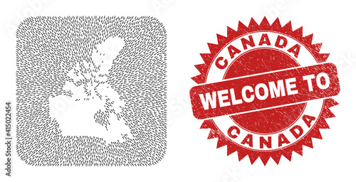 Vector mosaic Canada v2 map of migration arrows and scratched Welcome badge. Mosaic geographic Canada v2 map created as carved shape from rounded square shape with delivery arrows.