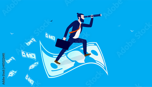 Looking for profits - Businessman standing on flying money with binocular searching for financial opportunities. Business finance concept. Vector illustration.