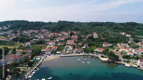 Aerial view of the beach at Lumbarda city, Korcula island, Croatia.