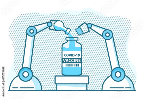 Drug manufacturing bottling.Covid-19  vaccine industrial line production.Pharmaceutical factory laboratory.Produce medicine.Outline flat vector illustration.Coronavirus vaccine bottle.