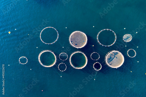 Helicopter view of fish farm in summer photo