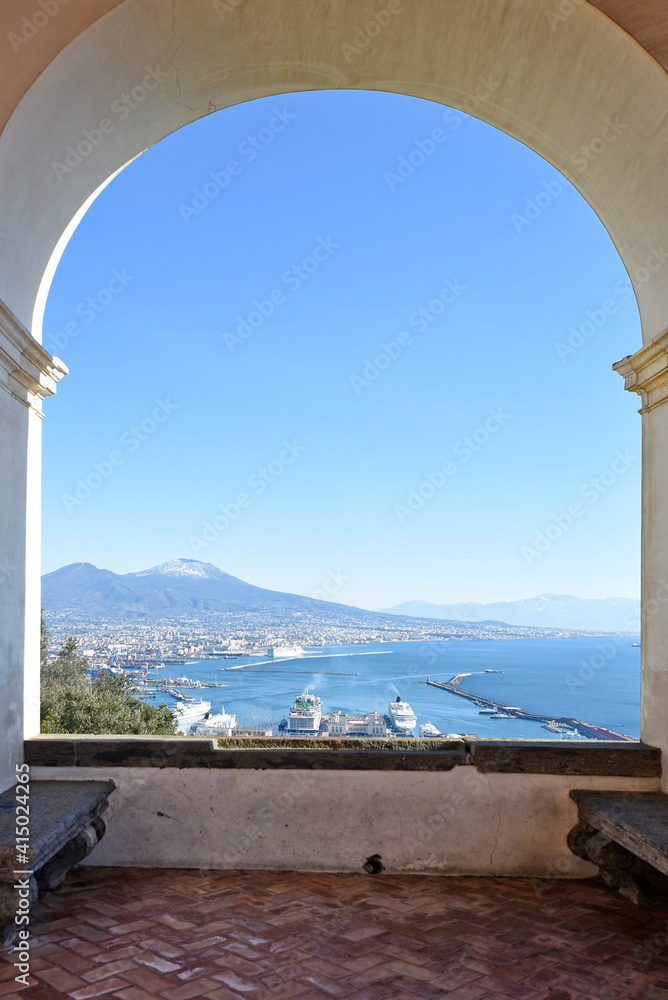 Panoramic view of the Gulf of Naples from the terrace of the National Museum of Saint Martin, Italy.