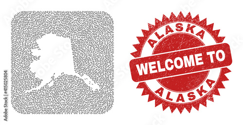 Vector mosaic Alaska map of straight arrows and rubber Welcome badge. Collage geographic Alaska map designed as carved shape from rounded square shape with straight arrows.