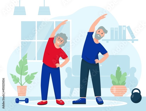 Happy elderly couple sports at home.