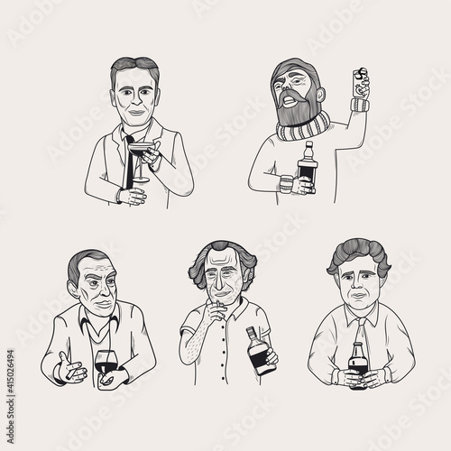 Vector stylized portrait of famous writers. Jack London, Francis Scott Fitzgerald, Ernest Hemingway,  Erich Maria Remarque, Charles Bukowski. photo