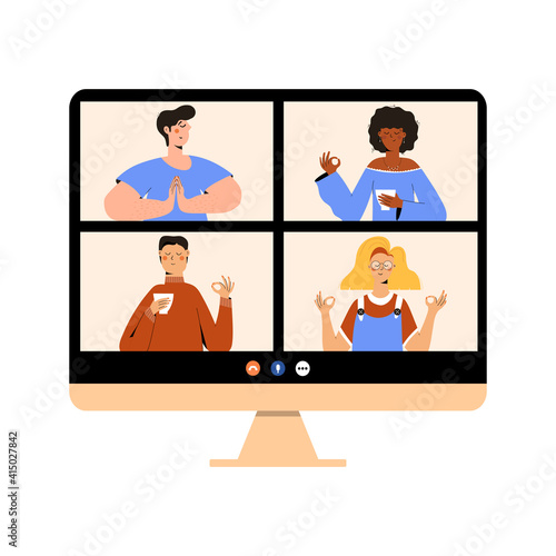 Meditate together online training. Meditating men and women on online course meditate on computer screen. Distance, remote yoga, relax, mindfulness, breathing training. Online meditation class