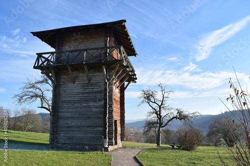 Wooden observation tower next to the Lorch Monastery on the Swabian Alp, Germany