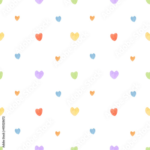 Seamless watercolor pattern with rainbow hearts. Red, orange, yellow, green, blue, violet, purple colors. Hand-painted romantic texture for packaging, wedding, birthday, Valentine's Day, mother's day 