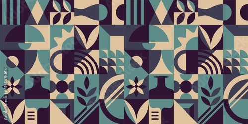Abstract Seamless Pattern with Geometric Shapes and Home Decor Elements. Vector illustration