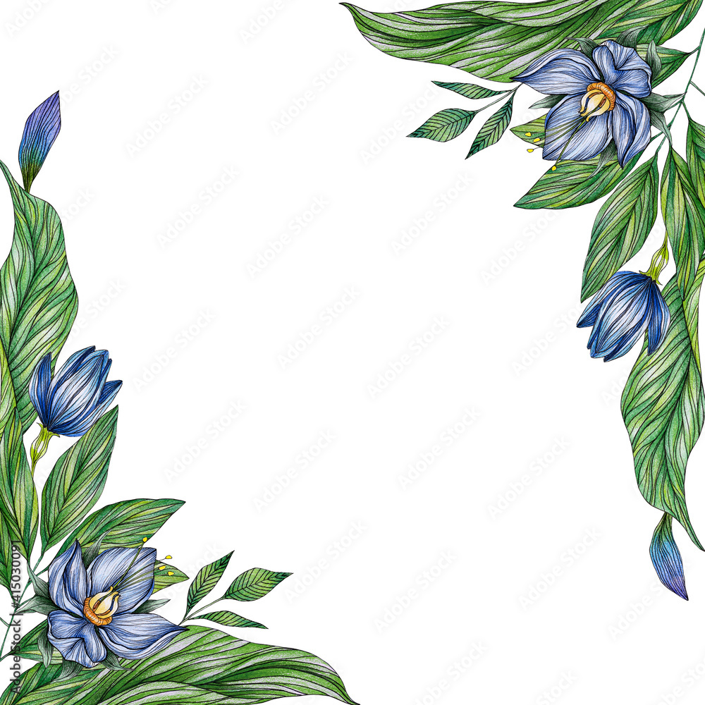 Naklejka premium Square frame with green foliage and blue flowers on white background