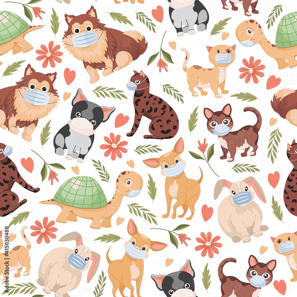 Naklejka premium Domestic pets vector flat seamless pattern isolated on white background. Cute little dogs, cats, rabbits, and turtles in masks. Domestic animals, backdrop concept for veterinary clinic.