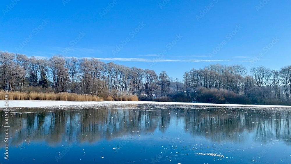 Zugefrorener See im Winter mit tollen Spiegelungen der Bäume