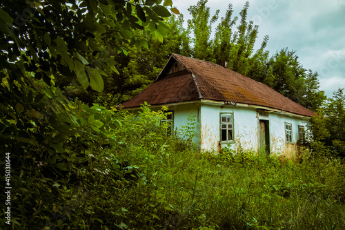 Abandoned clay house in a Ukrainian village. Old shack in the thicket