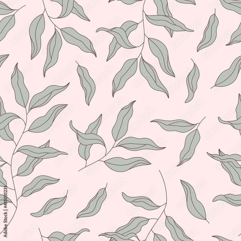 Pale Green Eucalyptus Leaves on Pink background. Willow Branch seamless pattern. Plant, Laurel Twig modern ornament. Floral vector texture for textile print, scrapbooking, wrapping, gift paper Pale Green Eucalyptus Leaves on Pink background. Willow Branch seamless pattern. Plant, Laurel Twig modern ornament. Floral vector texture for textile print, scrapbooking, wrapping, gift paper