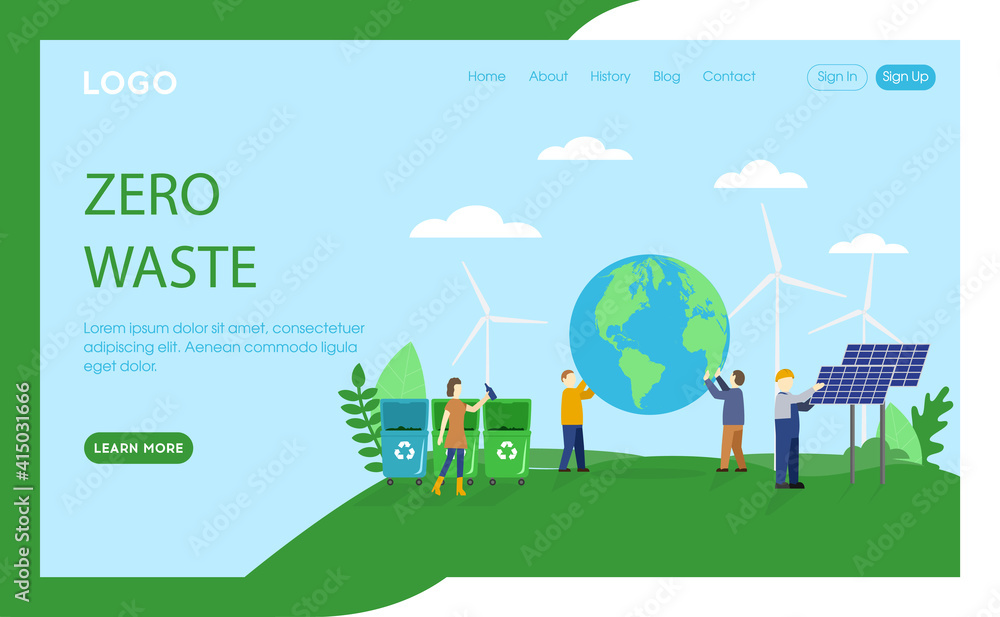 Webpage Template Vector Illustration In Flat Cartoon Style. Website Interface Composition Of Zero Waste Ecological Concept. Characters Keeping World Globe, Using Alternative Energy Sources, Recycling