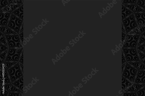 Geometric convex volumetric 3D texture. Curly black background with a relief original ornament of ethnic elements and figures for presentations, websites. Vertical inserts.