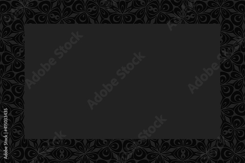 Geometric convex volumetric 3D texture. Curly black background with a relief original ornament of ethnic elements and figures. Frame for text, presentations.