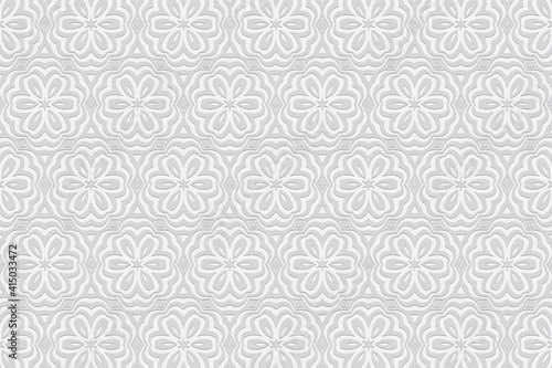 Geometric art convex volumetric 3D texture. Curly white background with embossed floral ornament from ethnic elements. Pattern for design.