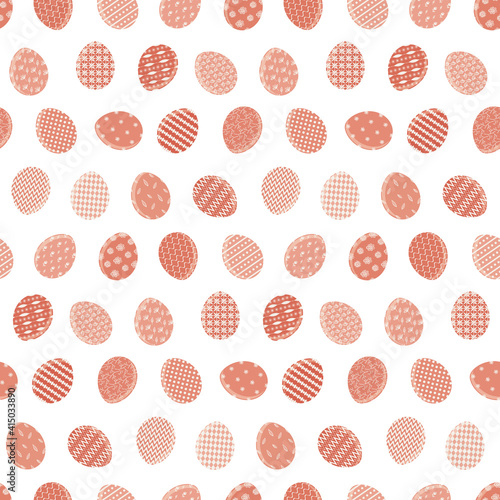 Cute Happy Easter seamless pattern with red color eggs on white background. Bright terra cotta ornate eggs texture for Easters package, gift wrapping paper, textile, covers