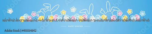 Happy Easter line design art rabbits and flowers colorful eggs in grass Easter egg hunt spring pastel color palette 2021 blue background greeting card