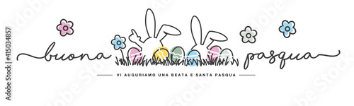 Happy Easter we wish you a holy and blessed Easter Italian language handwritten typography lettering line design bunny colorful flowers and eggs in grass greeting card