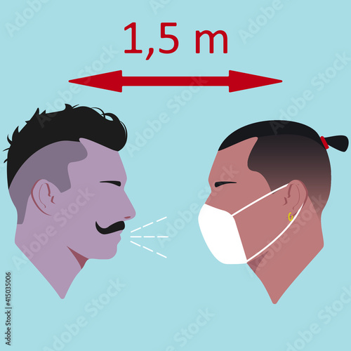 Quarantine. Two guys. Guy with top knot in mask. Man with mustache. Two silhouettes opposite each other. Safe distance