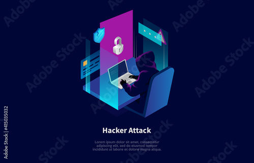 Isometric Composition In Cartoon 3D Style. Vector Illustration On Dark Background With Text And Elements. Hacker Attack Concept Design. Character In Hood Sitting At Table, Cracking System With Laptop