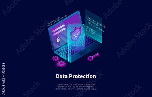Isometric Composition In Cartoon 3D Style. Vector Illustration On Dark Background With Text And Elements. Data Protection Concept Design. Laptop With Password And Lock On Screen, Safety Shield Near