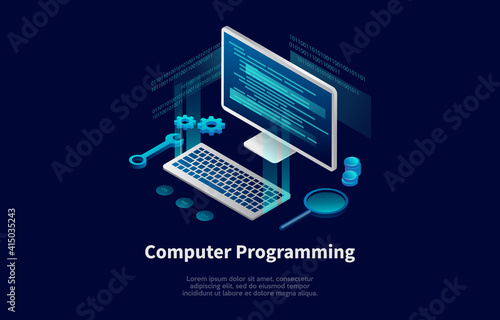 Computer Programming Conceptual Illustration In Cartoon 3D Style. Vector Composition In Neon Colours. Dark Background And Text. Computer With Code On Screen, Keyboard And Infographic Elements Near