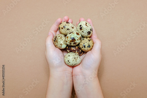 Natural colored quail eggs in the hands of a child, copy space. Easter theme. Place for text