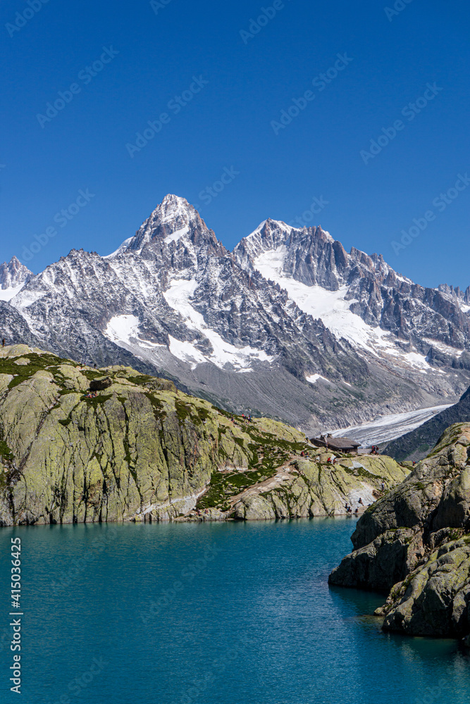 the lac blanc (white lake) in the french alps of haute-savoie, near the village of Chamonix, Mont Blanc, France - August 2020.
