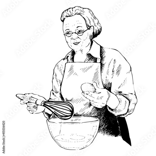 Grandmother holding a whisk and an egg in her hands, getting ready to make dough, mayonnaise, cream.Vector illustration, black and white sketch, line art
