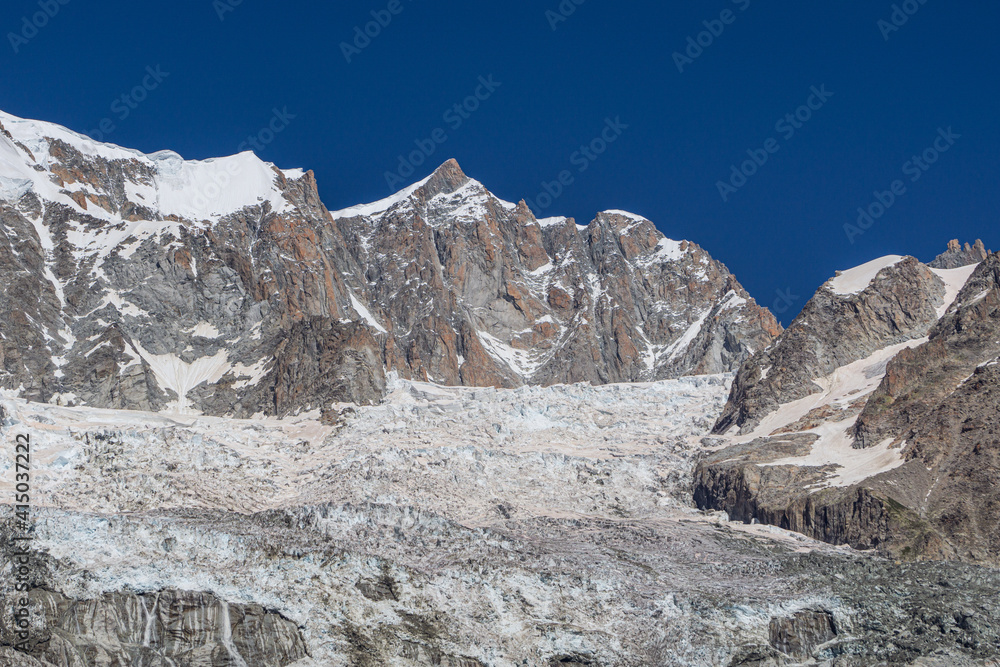 The Mont Blanc Alps: the highest and most spectacular peaks in the Alps, near the town of Courmayeur, Italy - August 2020.