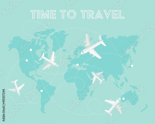 Aircraft connections on world map. Time to travel concept. Vector illustration in flat style