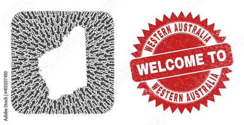 Vector collage Western Australia map of moving arrows and rubber Welcome seal stamp. Collage geographic Western Australia map designed as hole from rounded square shape using direction arrows.