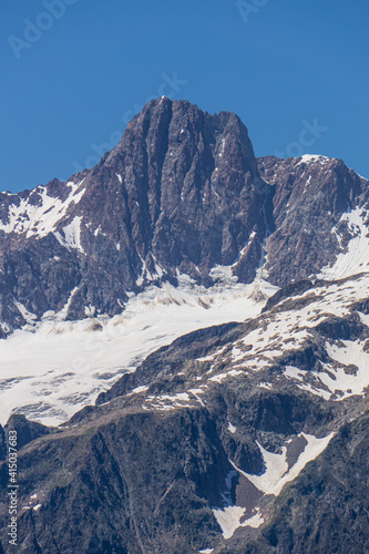 The mountains of the Aosta Valley during a beautiful sunny day near the town of Courmayeur  Italy - August 2020.